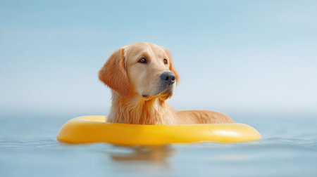 A dog is in a yellow inflatable pool in the water. The dog is looking at the cameraの素材