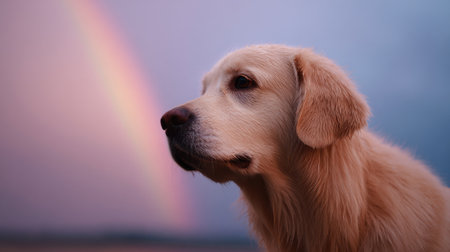 A dog is looking at a rainbow. The dog is brown and has a long tail. The rainbow is in the background and is very colorfulの素材