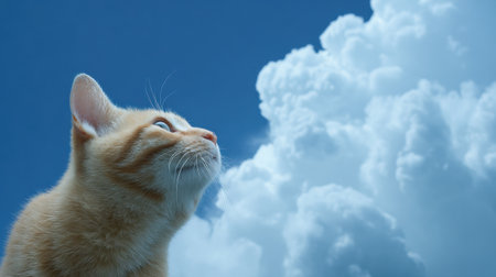 A cat is looking up at a cloudy sky. The cat is orange and has a curious expression. The sky is blue and cloudy, with a few white clouds scattered throughout. The scene has a peaceful and calm moodの素材