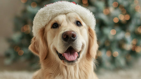 A dog wearing a Santa hat is smiling and looking at the camera. The image has a festive and joyful mood, as the dog is dressed up for the holidaysの素材