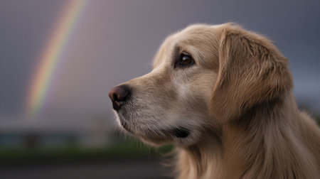 A dog is looking at a rainbow. The dog is brown and has a long tail. The rainbow is in the background and is very colorfulの素材