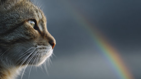 A cat is looking at a rainbow. The cat is looking at the rainbow with a curious expressionの素材