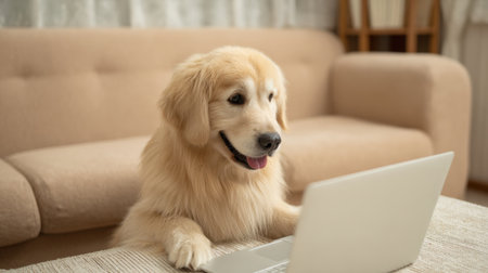 A dog is sitting on a couch and looking at a laptop. The dog appears to be curious about the laptop and is looking at the screenの素材