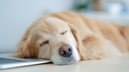 A dog is sleeping on a laptop. The dog is brown and has a white nose. The laptop is on a tableの素材