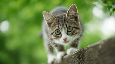 A cat is looking at the camera with its eyes wide open. The cat is on a wooden fence and is looking at the cameraの素材