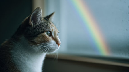 A cat is looking out the window at a rainbow. The cat is looking at the rainbow with curiosity and interestの素材