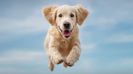 A dog is jumping in the air with its tongue out. The dog is happy and playful. The sky is blue and clear, providing a bright and cheerful backdrop for the dog's joyful momentの素材