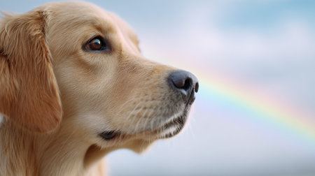 A dog is looking at a rainbow. The dog is brown and has a black nose. The rainbow is in the background and is very colorfulの素材