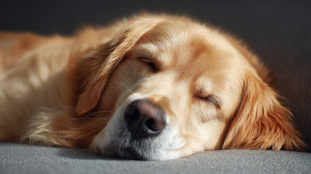 A dog is sleeping on a couch. The dog is brown and has a long tail. The couch is gray and the dog is laying on itの素材