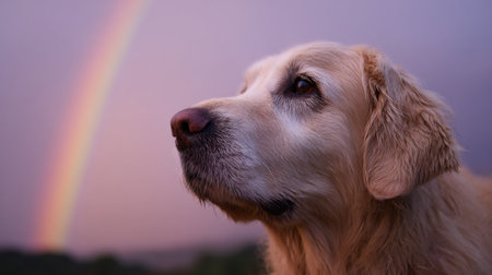 A dog is looking at a rainbow in the sky. The dog is looking at the rainbow with a curious expressionの素材