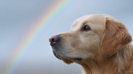 A dog is looking at a rainbow. The dog is brown and has a white nose. The rainbow is in the background and is very colorfulの素材