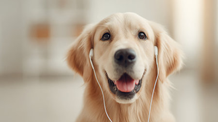 A dog is wearing headphones and smiling. The dog is wearing headphones and he is enjoying the musicの素材