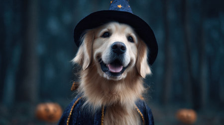 A dog wearing a wizard hat and a cape. The dog is smiling and looking at the cameraの素材
