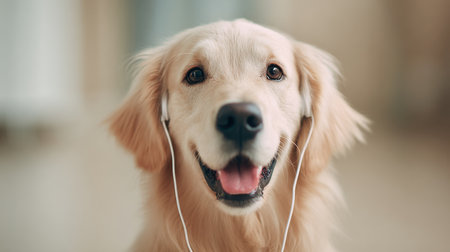 A happy dog is wearing headphones and has its tongue out. The dog appears to be enjoying the music it is listening toの素材