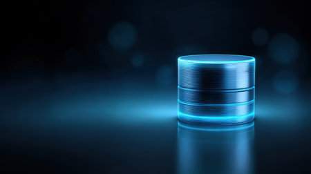 A blue and silver object with a blue stripe on it. The object is a cylinder. The image is of a dark backgroundの素材