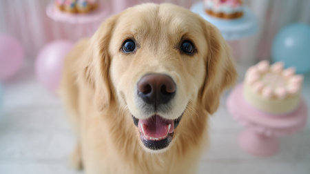A dog is smiling and looking at the camera. The scene is set up with a cake and cupcakes, and there are balloons in the backgroundの素材