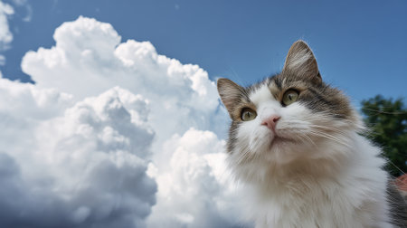 A cat with a white face and gray fur is looking up at the sky. The sky is cloudy and the cat appears to be curious about the weatherの素材