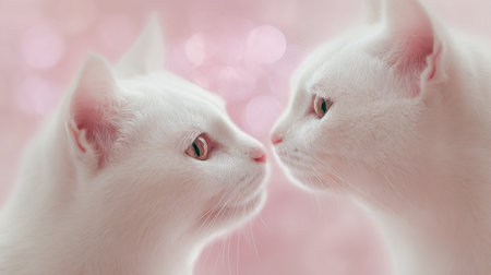 Two white cats are looking at each other with their noses touching. Concept of affection and connection between the two catsの素材