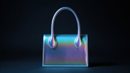 A purse with a shiny, iridescent surface is shown against a dark background. The purse is the main focus of the image, and its shiny appearance creates a sense of luxury and eleganceの素材