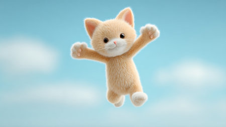A fluffy orange cat is leaping into the air. The cat is in a cartoonish style and he is happy and playfulの素材
