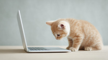 A kitten is sitting on a laptop keyboard and looking at the screen. Concept of curiosity and playfulness, as the kitten seems to be interested in the laptop's contentsの素材