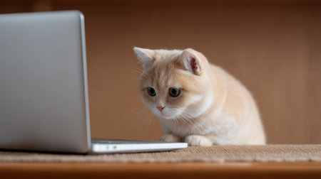 A cat is sitting on a laptop keyboard and staring at the screen. The cat appears to be curious about the laptop's contentsの素材