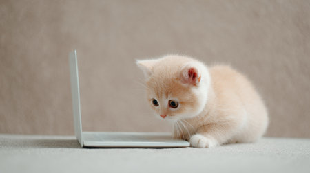 A kitten is looking at a laptop screen. The kitten is curious and playful, and the laptop is a source of entertainment for the kittenの素材