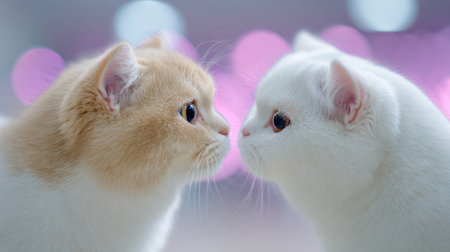 Two cats are looking at each other with their noses touching. The cats are white and orange. Concept of affection and connection between the two catsの素材