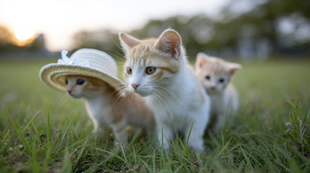 Three cats are standing in a grassy field, with one wearing a hat. The scene is peaceful and serene, with the cats enjoying the outdoorsの素材