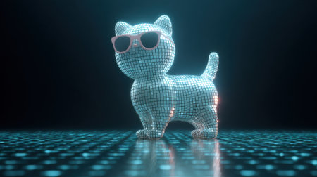 A cat wearing sunglasses stands on a shiny surface. The cat is made of small pieces of metal, giving it a futuristic appearance. The sunglasses add a playful and cool vibe to the imageの素材