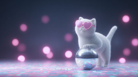 A cat wearing sunglasses and holding a disco ball. The image has a playful and fun mood, as the cat is dressed up in sunglasses and holding a shiny objectの素材