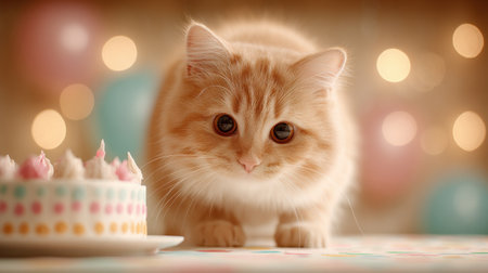 A cat is looking at a cake with pink frosting. The cat is curious and seems to be interested in the cakeの素材
