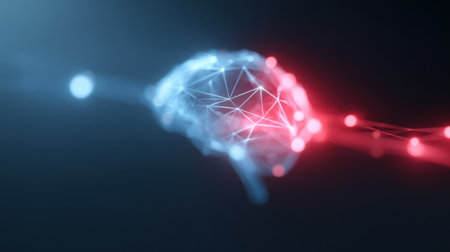 A brain made of lines and dots. The brain is red and blueの素材