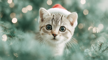A cat wearing a Santa hat is looking at the camera. The cat is sitting in a tree with green leavesの素材