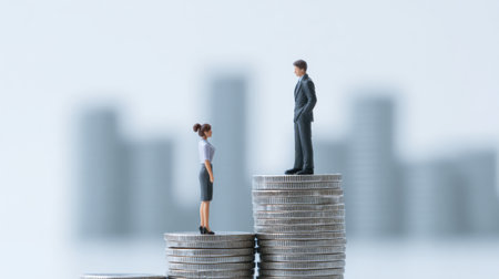 A woman and a man are standing on top of stacks of coins. The woman is on the bottom stack and the man is on the top stack. Concept of gender equality and the importance of equal pay for equal workの素材