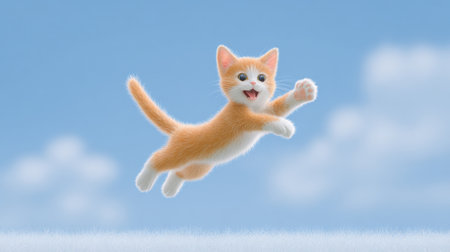 A cartoon cat is jumping in the air with its paws outstretched. The cat is orange and white, and it is having fun. The sky is blue, and there are some clouds in the background. The image has a playfulの素材