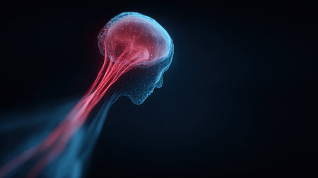 A headless jellyfish with red and blue tentacles. The tentacles are red and blue and the head is missingの素材