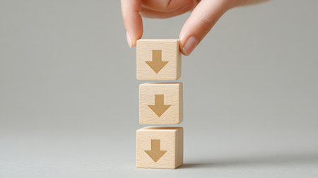 Three wooden blocks stacked on top of each other with an arrow pointing down. Concept of decline or failure, as the downward arrow suggests a decrease or a negative outcomeの素材