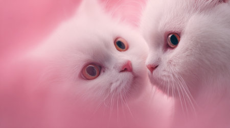 Two white cats are looking at each other with their eyes wide open. The image has a warm and friendly mood, as the cats seem to be enjoying each other's companyの素材