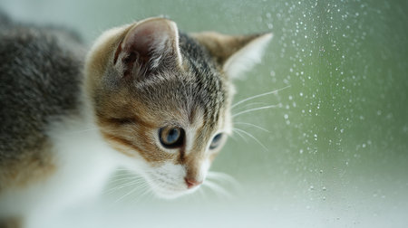 A cat is looking out the window, with its eyes closed. The cat appears to be curious and relaxedの素材