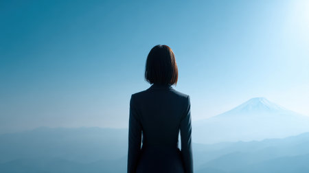 A woman in a business suit stands in front of a mountain range. The sky is clear and blue, and the mountains are in the background. The woman is looking out over the landscapeの素材