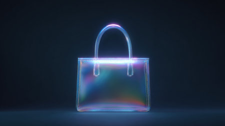 A bag with a rainbow effect on it. The bag is made of clear plastic and is sitting on a dark backgroundの素材