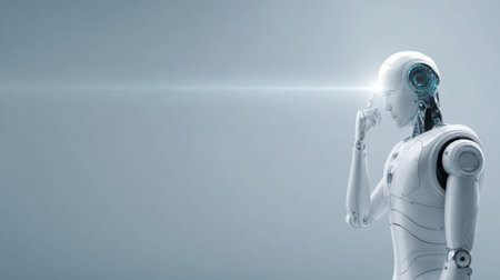 A robot with a light bulb in its head is looking at the camera. The robot is white and has a robotic appearance. Concept of curiosity and intelligenceの素材