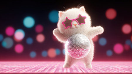 A white cat wearing sunglasses and holding a disco ball. The image has a fun and playful mood, with the cat dancing and posing for the cameraの素材
