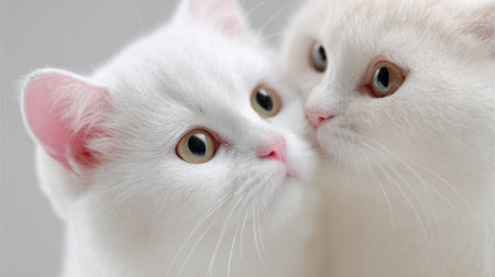 Two white cats are looking at each other with their eyes closed. Scene is affectionate and playfulの素材