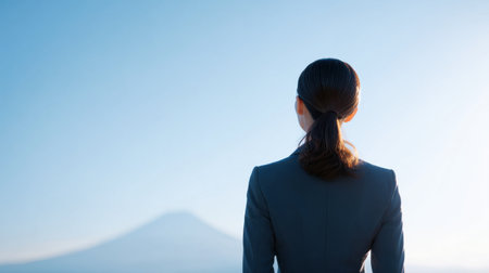 A woman in a business suit is looking out over a mountain. The sky is clear and blue, and the mountain in the background is a beautiful, majestic sight. The woman is lost in thoughtの素材