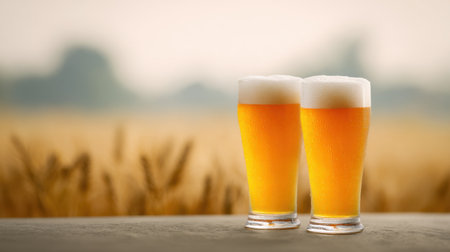 Two glasses of beer are sitting on a table in front of a field. Scene is relaxed and casual, as the two glasses of beer are not being consumed but rather displayedの素材