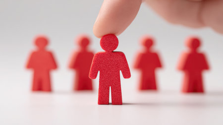 A person is holding a red figurine of a man in front of four other red figurines. The scene could represent a competition or a game where the figurines are being compared or rankedの素材