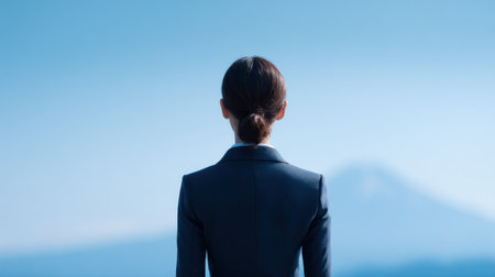 A woman in a business suit is looking out over a mountain. Concept of calm and contemplation, as the woman stands alone and takes in the viewの素材