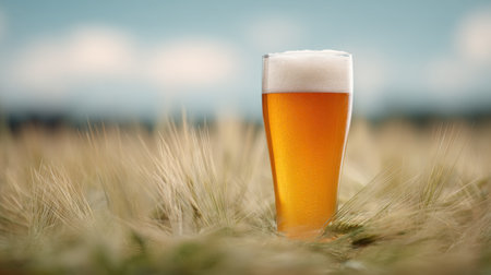 A glass of beer is sitting on a field of grass. The grass is tall and the sky is blue. Concept of relaxation and leisure, as the beer is a common drink associated with socializing and unwindingの素材